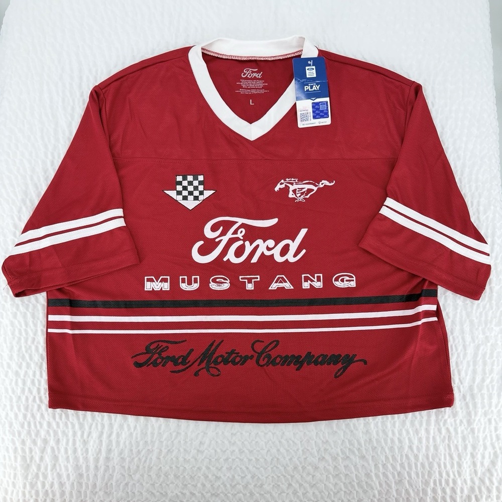 Ford Mustang Racing Jersey Shirt Womens Large Red V Neck NWT